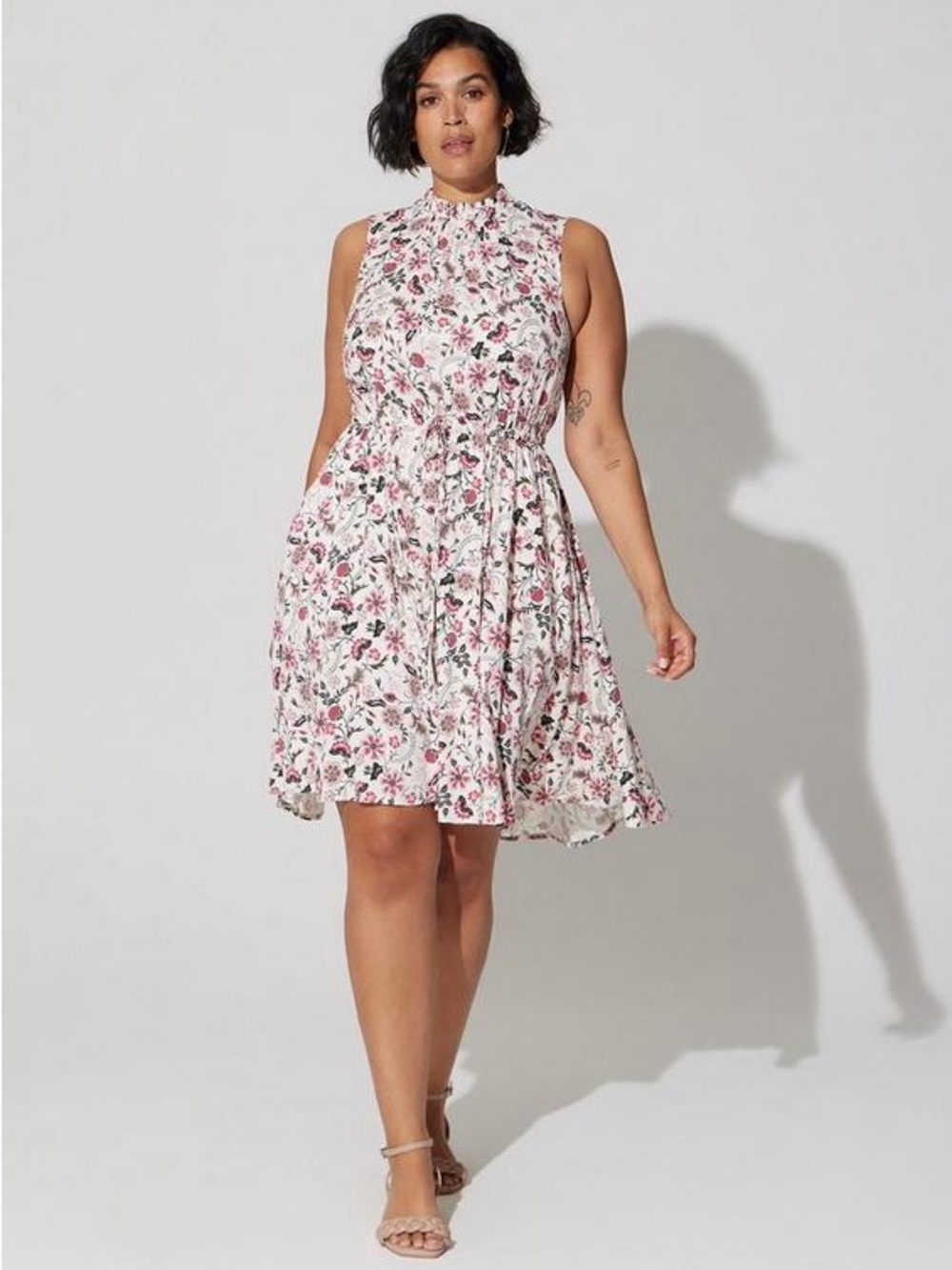 torrid White Floral Smocked Waist Mini Stretch Challis Hi-Low Dress